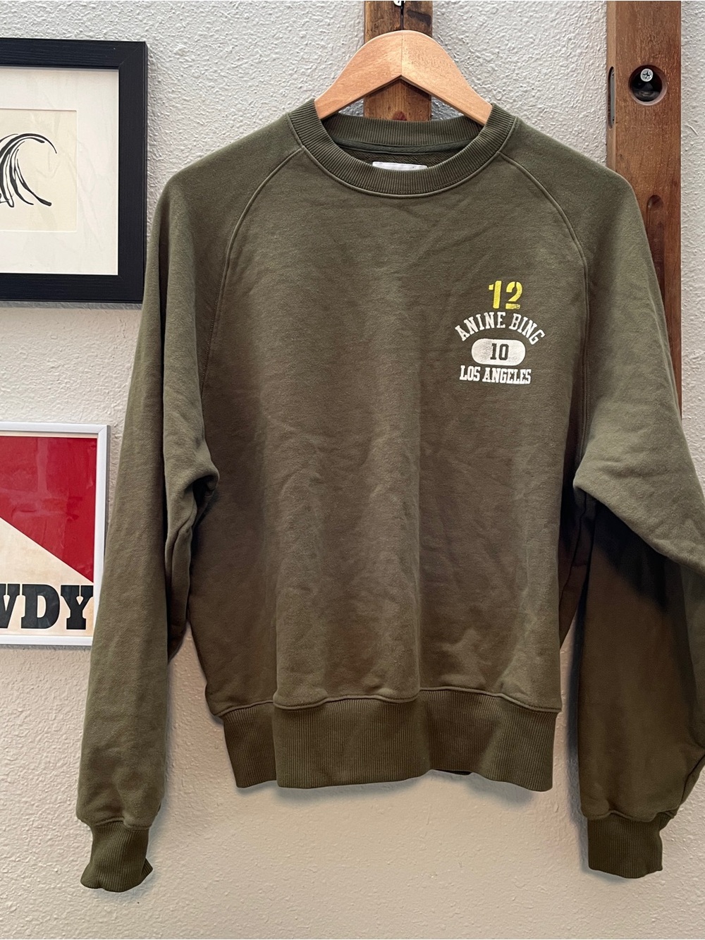 Anine Bing Archer Army Olive Green Logo Crewneck Sweatshirt Size Small